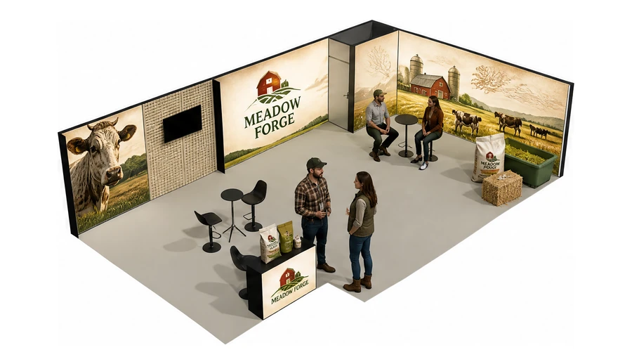 Stoisko 10 × 5 m narożne prawe dla branży hodowla i pasze, przykładowa marka Meadow Forge