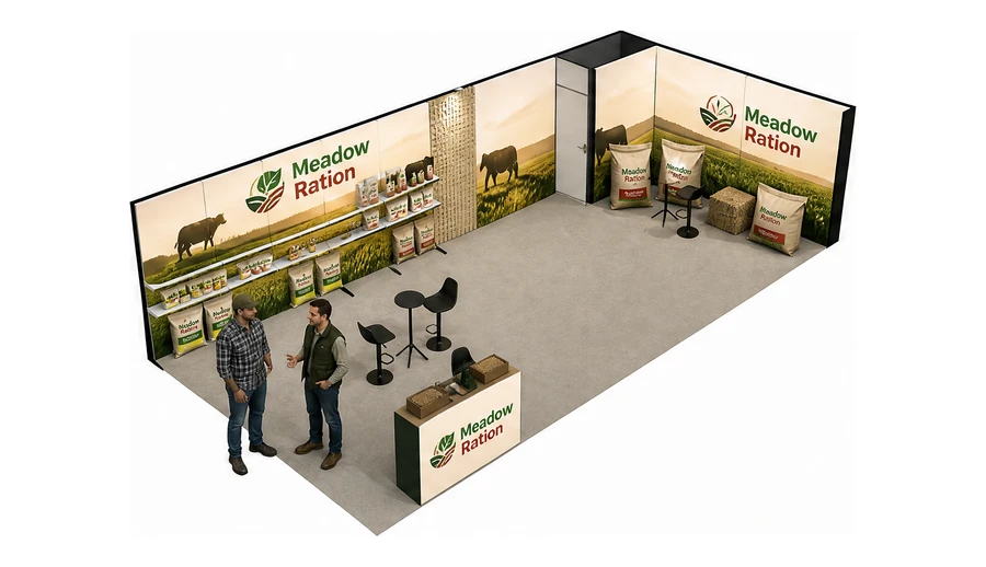Stoisko 10 × 5 m narożne prawe dla branży hodowla i pasze, przykładowa marka Meadow Ration