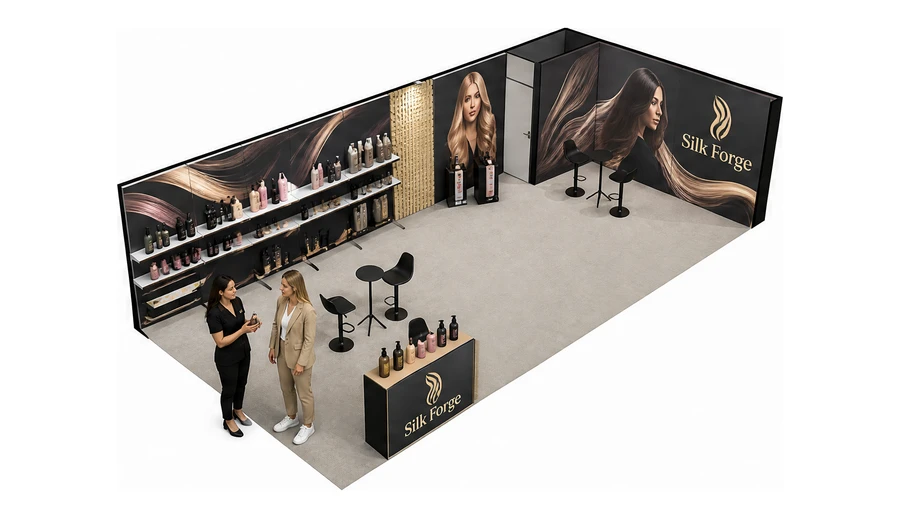 Stoisko 10 × 5 m narożne prawe dla branży fryzjerstwo i salony beauty, przykładowa marka Silk Forge