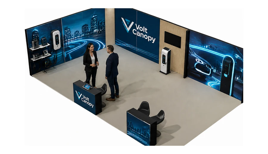 Stoisko 10 × 6 m narożne lewe dla branży elektromobilność i ładowarki, przykładowa marka Volt Canopy