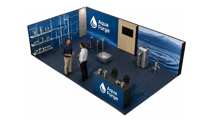 Stoisko 10 × 6 m narożne lewe dla branży instalacje wodno-kanalizacyjne, przykładowa marka Aqua Forge
