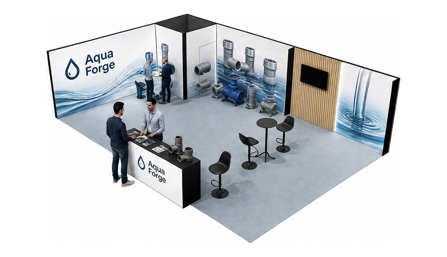 Stoisko 10 × 6 m narożne lewe dla branży instalacje wodno-kanalizacyjne, przykładowa marka Aqua Forge