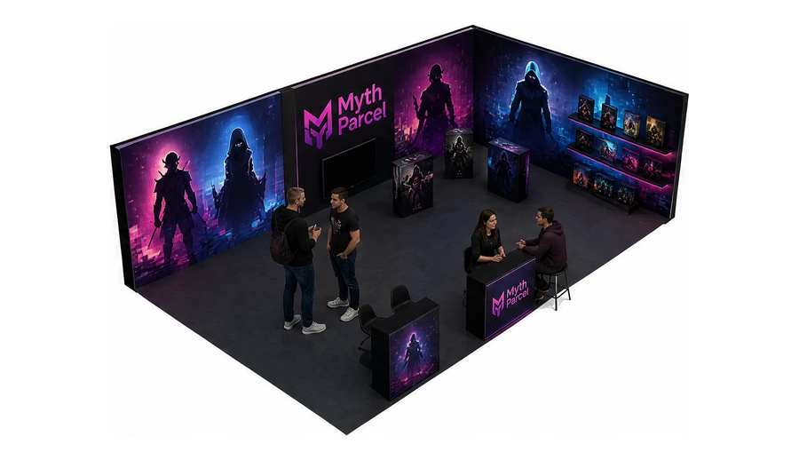 Stoisko 10 × 6 m narożne prawe dla branży gry wideo, przykładowa marka Myth Parcel