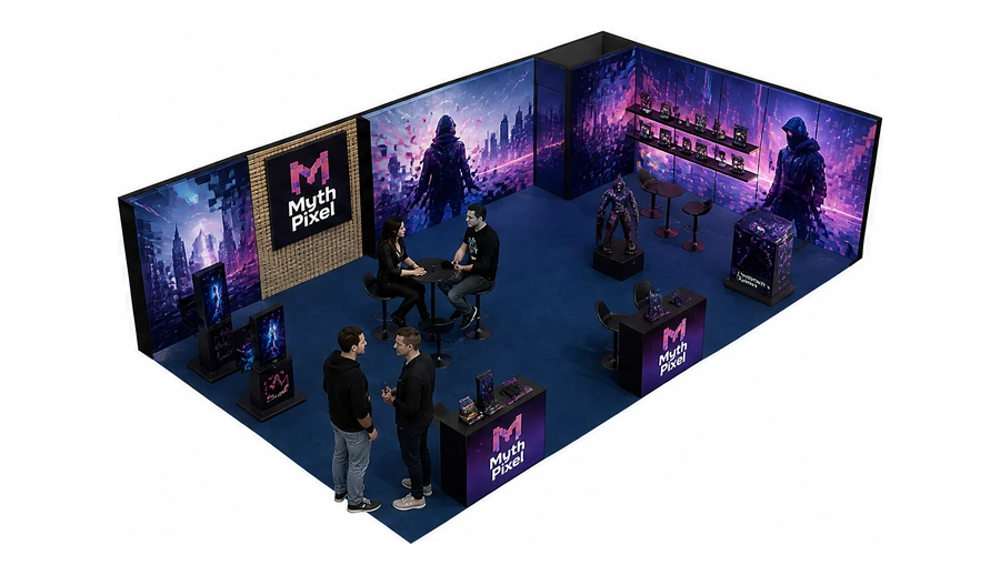 Stoisko 10 × 6 m narożne prawe dla branży gry wideo, przykładowa marka Myth Pixel