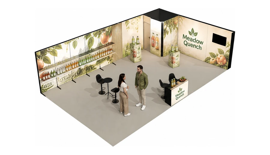 Stoisko 10 × 6 m narożne prawe dla branży napoje, przykładowa marka Meadow Quench