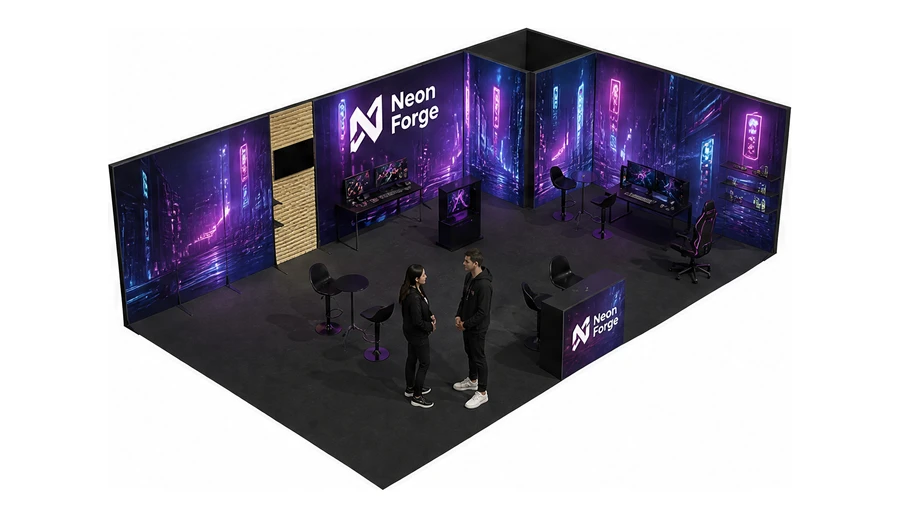 Stoisko 10 × 6 m narożne prawe dla branży gry wideo, przykładowa marka Neon Forge