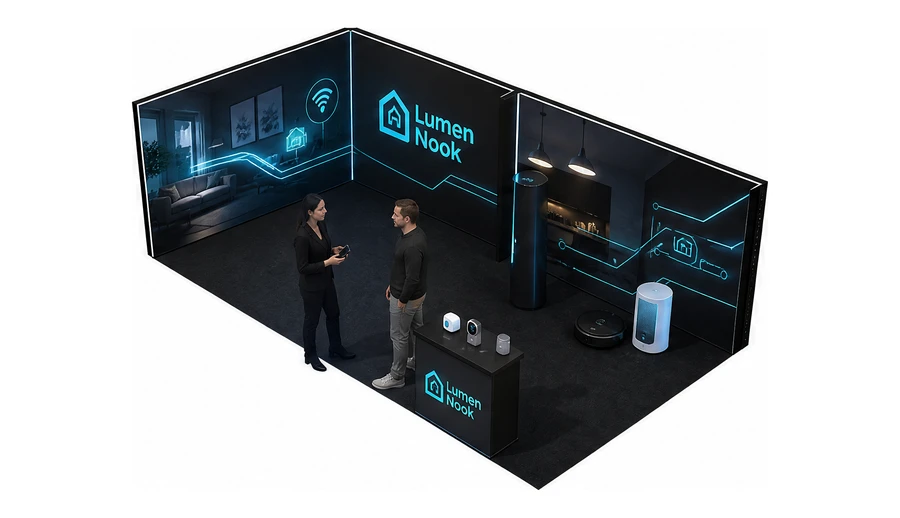 Stoisko 8 × 4 m narożne lewe dla branży smart home i IoT, przykładowa marka Lumen Nook