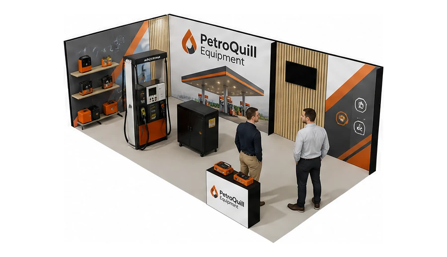 Stoisko 8 × 4 m narożne lewe dla branży stacje paliw, przykładowa marka PetroQuill Equipment