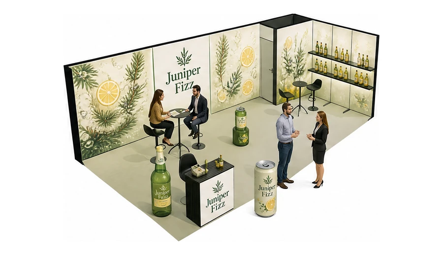 Stoisko 8 × 4 m narożne prawe dla branży napoje, przykładowa marka Juniper Fizz