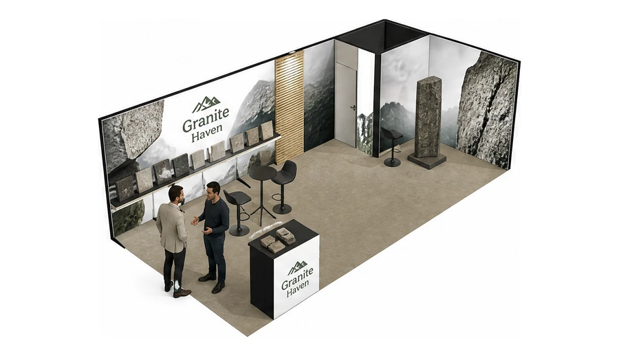 Stoisko 8 × 4 m narożne prawe dla branży kamień i kamieniarstwo, przykładowa marka Granite Haven