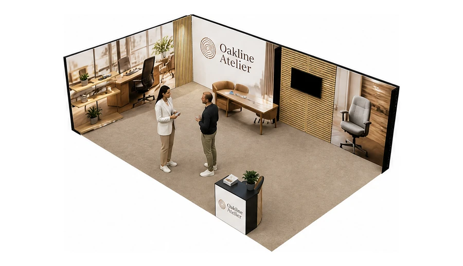 Stoisko 8 × 5 m narożne lewe dla branży meble biurowe, przykładowa marka Oakline Atelier