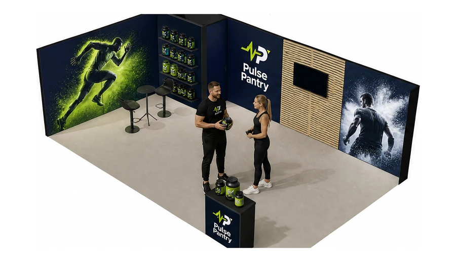 Stoisko 8 × 5 m narożne lewe dla branży suplementy diety, przykładowa marka Pulse Pantry