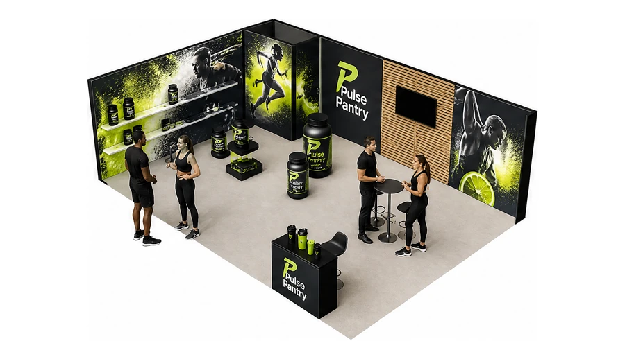 Stoisko 8 × 5 m narożne lewe dla branży suplementy diety, przykładowa marka Pulse Pantry