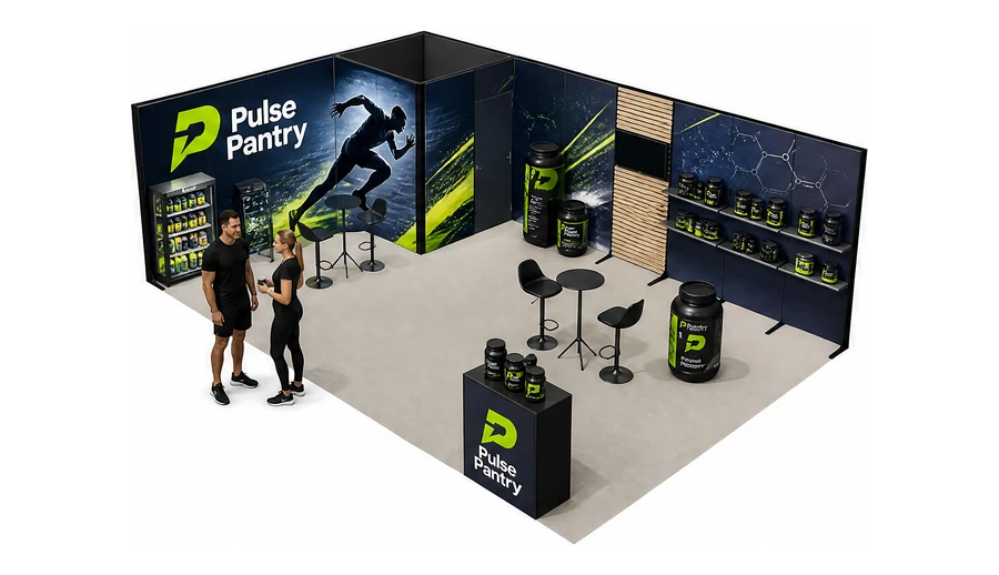 Stoisko 8 × 5 m narożne lewe dla branży suplementy diety, przykładowa marka Pulse Pantry