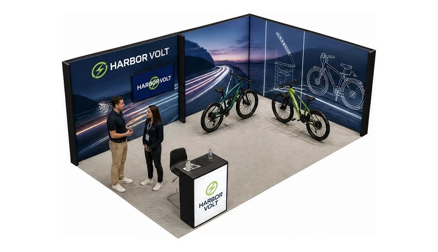 Stoisko 8 × 5 m narożne prawe dla branży rowery elektryczne, przykładowa marka Harbor Volt
