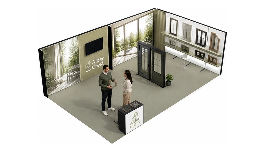 Stoisko 8 × 5 m narożne prawe dla branży okna i drzwi, przykładowa marka Alder Crest