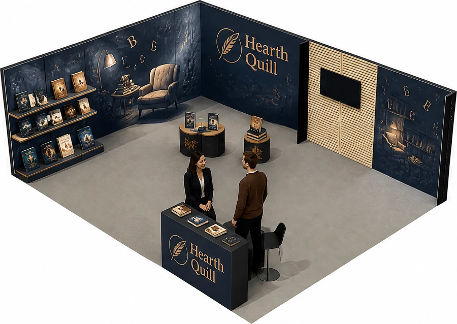 Stoisko 8 × 6 m narożne lewe dla branży wydawnictwa, przykładowa marka Hearth Quill