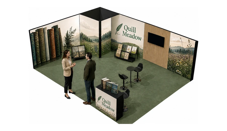 Stoisko 8 × 6 m narożne lewe dla branży wydawnictwa, przykładowa marka Quill Meadow