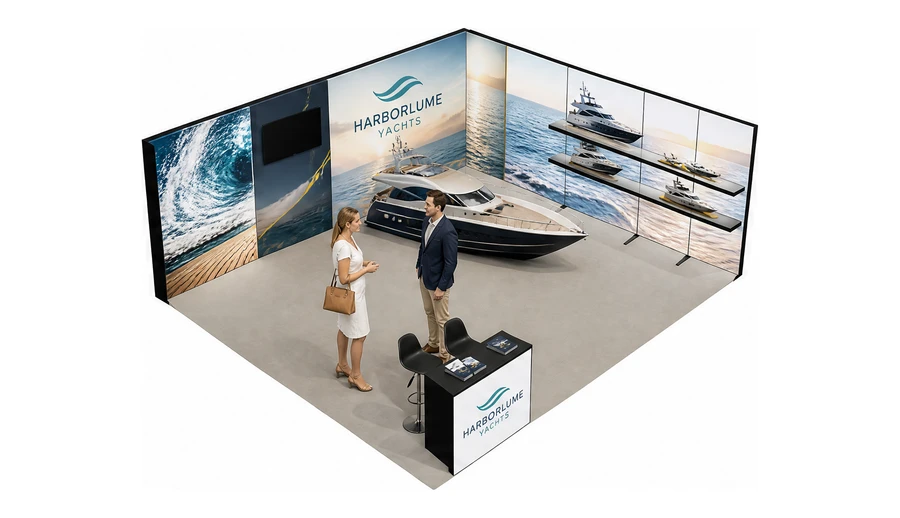 Stoisko 8 × 6 m narożne prawe dla branży jachty i łodzie, przykładowa marka Harborlume Yachts