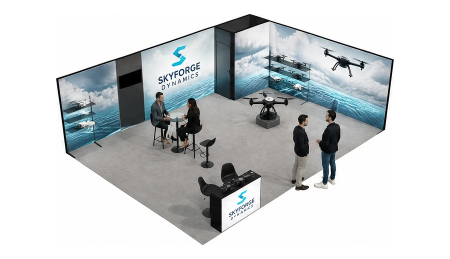 Stoisko 8 × 6 m narożne prawe dla branży drony i robotyka, przykładowa marka Skyforge Dynamics