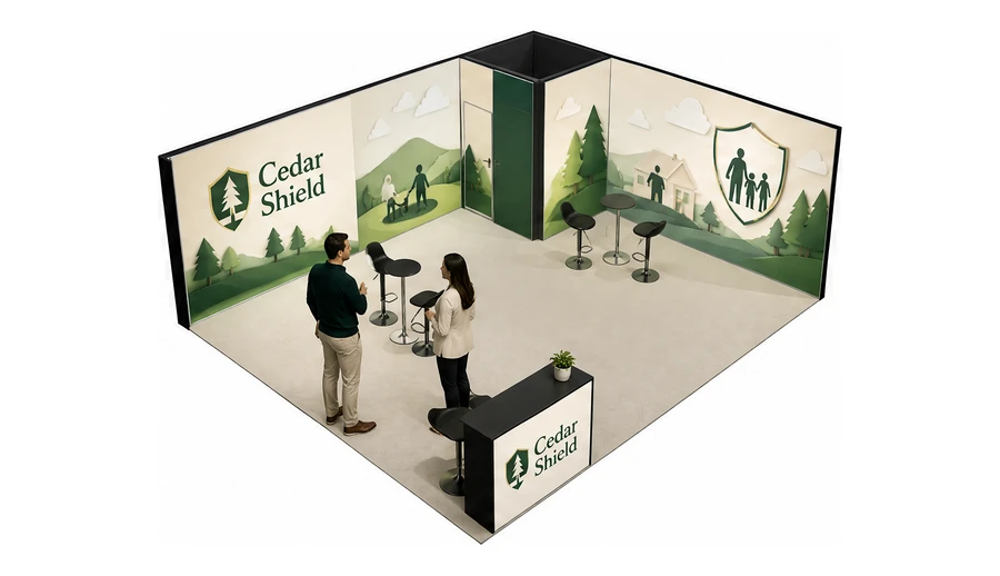Stoisko 8 × 6 m narożne prawe dla branży ubezpieczenia, przykładowa marka Cedar Shield