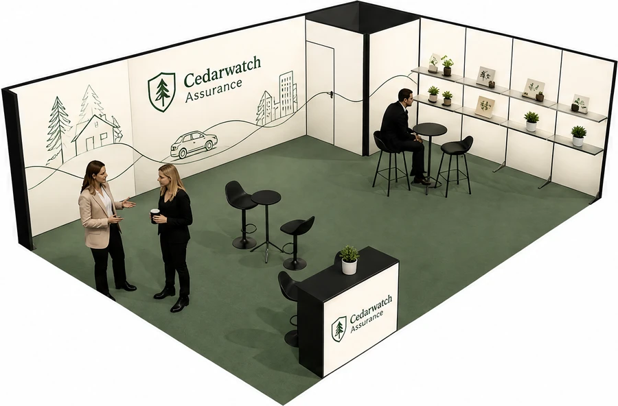 Stoisko 8 × 6 m narożne prawe dla branży ubezpieczenia, przykładowa marka Cedarwatch Assurance
