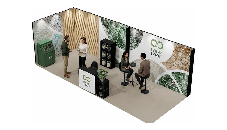 Stoisko 8 × 3 m narożne lewe dla branży recykling i ochrona środowiska, przykładowa marka Terra Loop