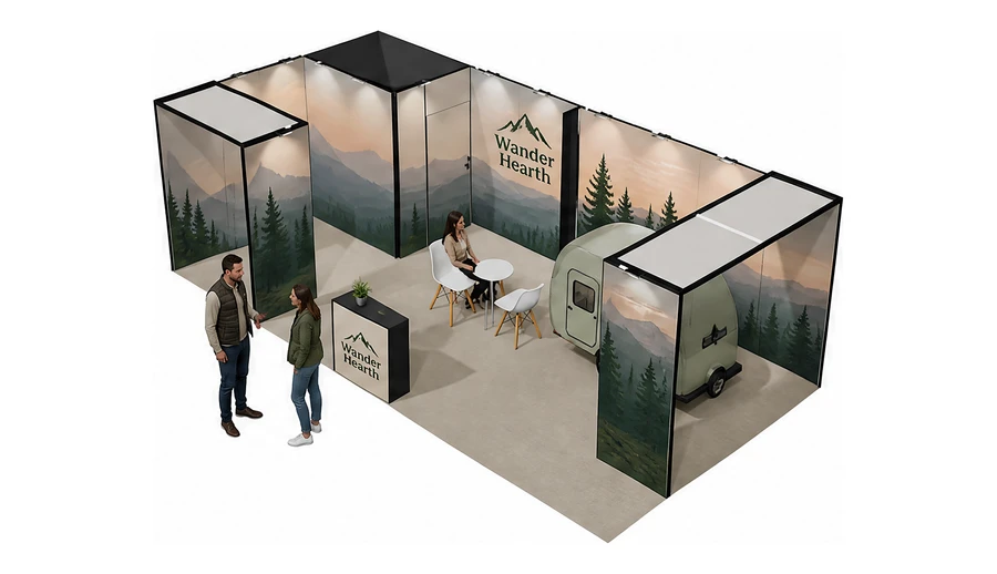 Stoisko 8 × 4 m narożne lewe dla branży caravaning i kampery, przykładowa marka Wander Hearth