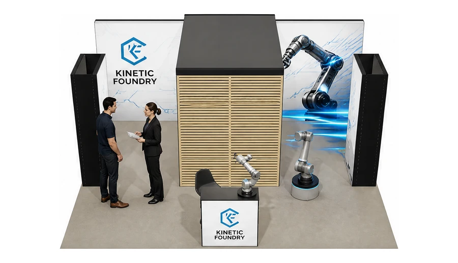 Stoisko 6 × 5 m półwyspowe dla branży automatyka przemysłowa, przykładowa marka Kinetic Foundry