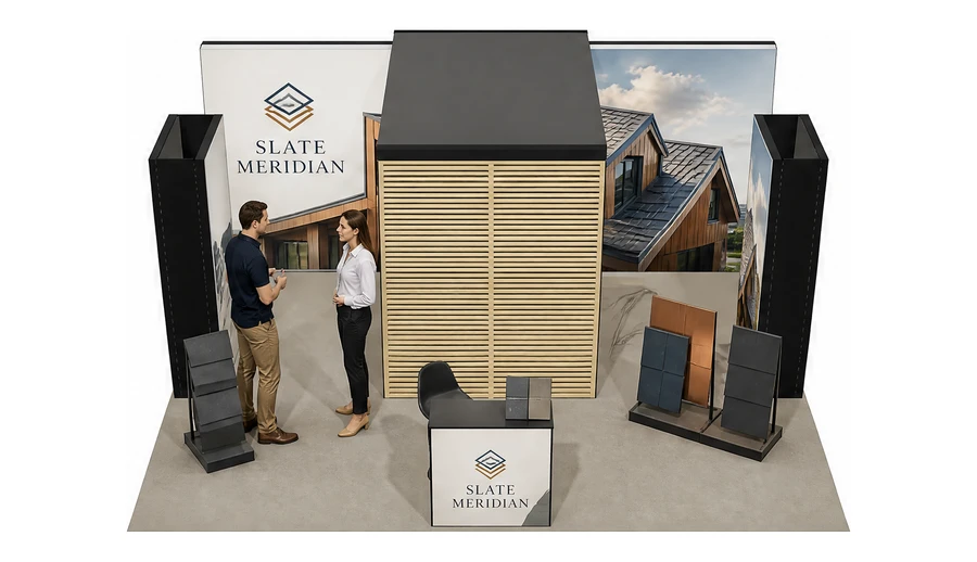 Stoisko 6 × 5 m półwyspowe dla branży dachy i elewacje, przykładowa marka Slate Meridian