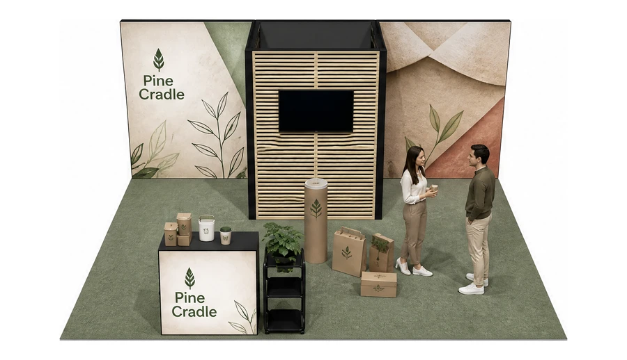 Stoisko 6 × 5 m półwyspowe dla branży opakowania ekologiczne, przykładowa marka Pine Cradle