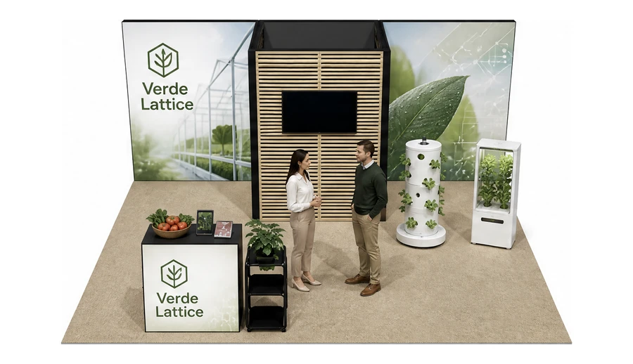Stoisko 6 × 5 m półwyspowe dla branży sadownictwo i warzywnictwo, przykładowa marka Verde Lattice