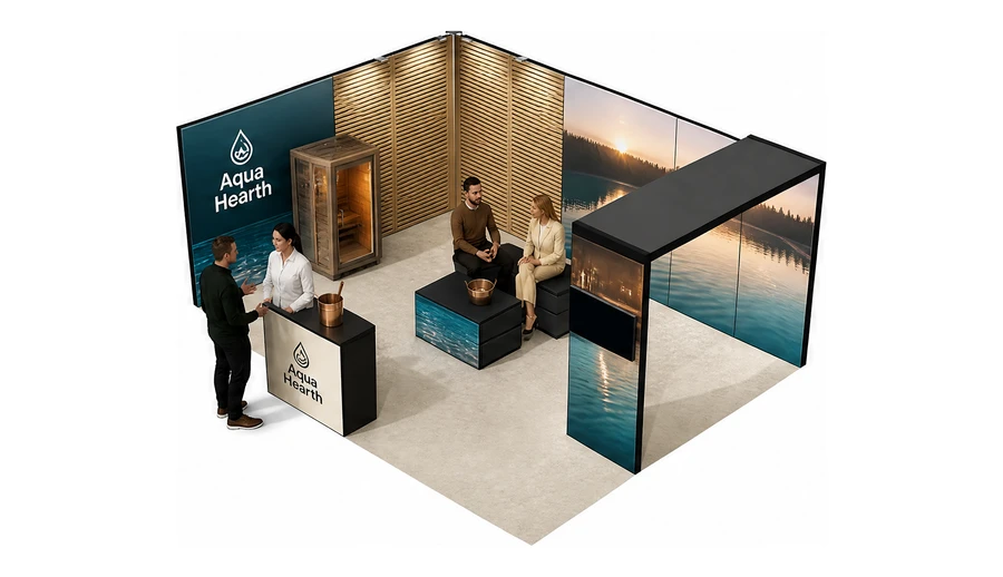 Stoisko 6 × 4 m narożne lewe dla branży baseny i sauny, przykładowa marka Aqua Hearth