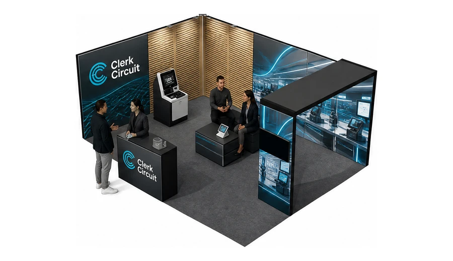 Stoisko 6 × 4 m narożne lewe dla branży technologie dla handlu, przykładowa marka Clerk Circuit
