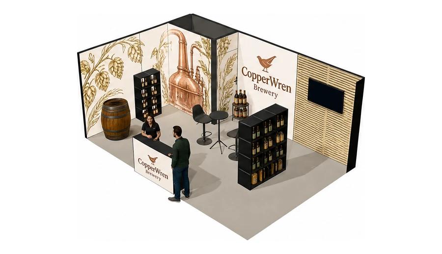 Stoisko 6 × 4 m narożne lewe dla branży browar rzemieślniczy, przykładowa marka CopperWren Brewery