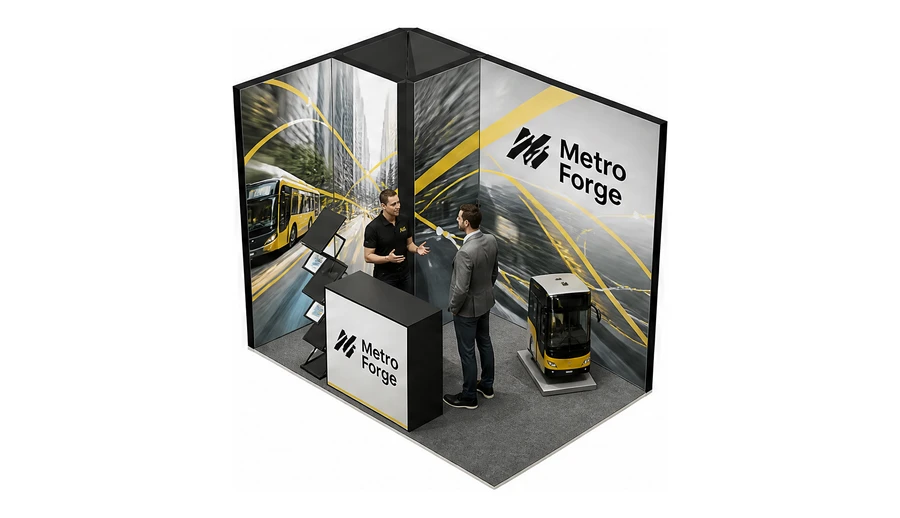 Stoisko 3 × 2 m narożne lewe dla branży autobusy i transport zbiorowy, przykładowa marka Metro Forge