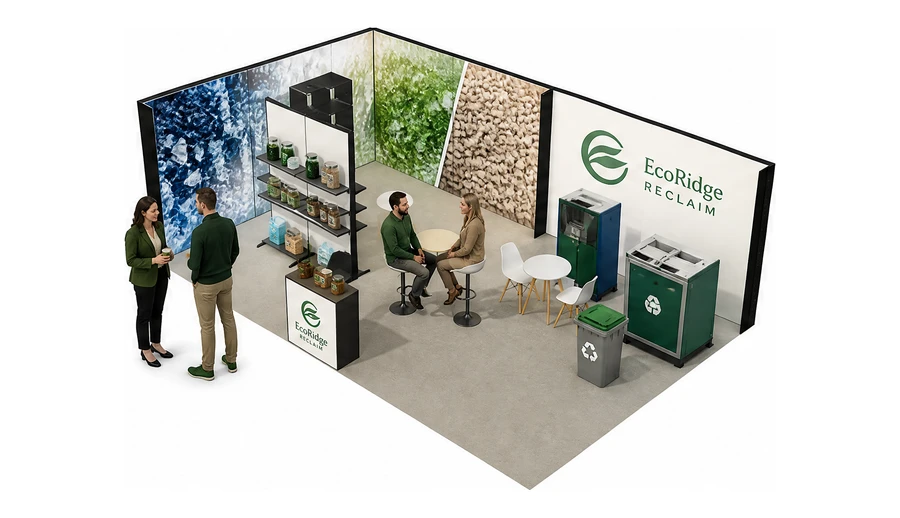 Stoisko 8 × 5 m narożne lewe dla branży recykling i ochrona środowiska, przykładowa marka EcoRidge Reclaim