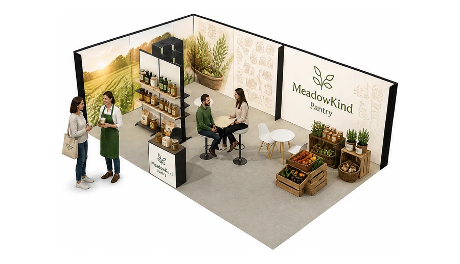 Stoisko 8 × 5 m narożne lewe dla branży żywność ekologiczna, przykładowa marka MeadowKind Pantry