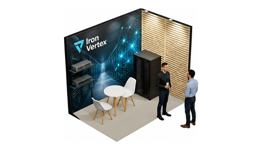 Stoisko 3 × 2 m narożne prawe dla branży infrastruktura IT i data center, przykładowa marka Iron Vertex