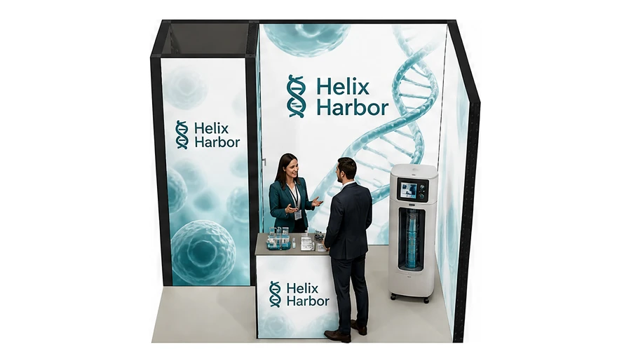 Stoisko 3 × 2 m narożne prawe dla branży farmacja i biotechnologia, przykładowa marka Helix Harbor