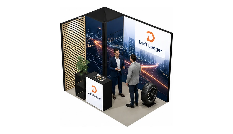Stoisko 3 × 2 m narożne lewe dla branży flota i leasing aut, przykładowa marka Drift Ledger