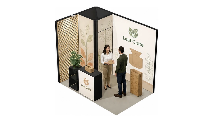 Stoisko 3 × 2 m narożne lewe dla branży opakowania ekologiczne, przykładowa marka Leaf Crate