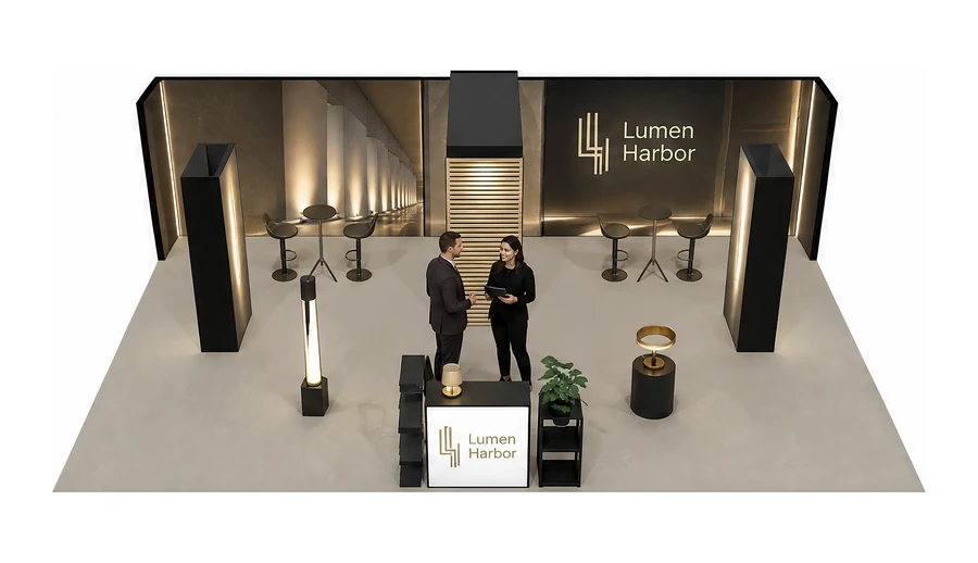 Stoisko 10 × 6 m półwyspowe dla branży oświetlenie, przykładowa marka Lumen Harbor