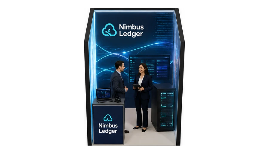 Stoisko 2 × 2 m szeregowe dla branży oprogramowanie dla firm, przykładowa marka Nimbus Ledger