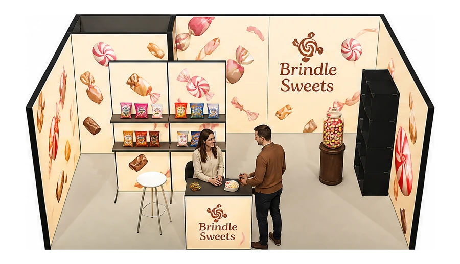 Stoisko 6 × 4 m szeregowe dla branży słodycze i przekąski, przykładowa marka Brindle Sweets