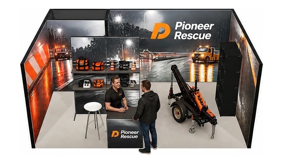 Stoisko 6 × 4 m szeregowe dla branży pomoc drogowa i lawety, przykładowa marka Pioneer Rescue