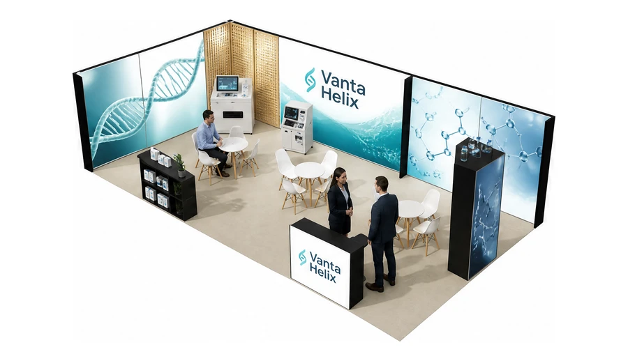 Stoisko 10 × 5 m narożne lewe dla branży farmacja i biotechnologia, przykładowa marka Vanta Helix