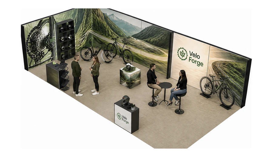 Stoisko 10 × 5 m narożne lewe dla branży rowery elektryczne, przykładowa marka Velo Forge
