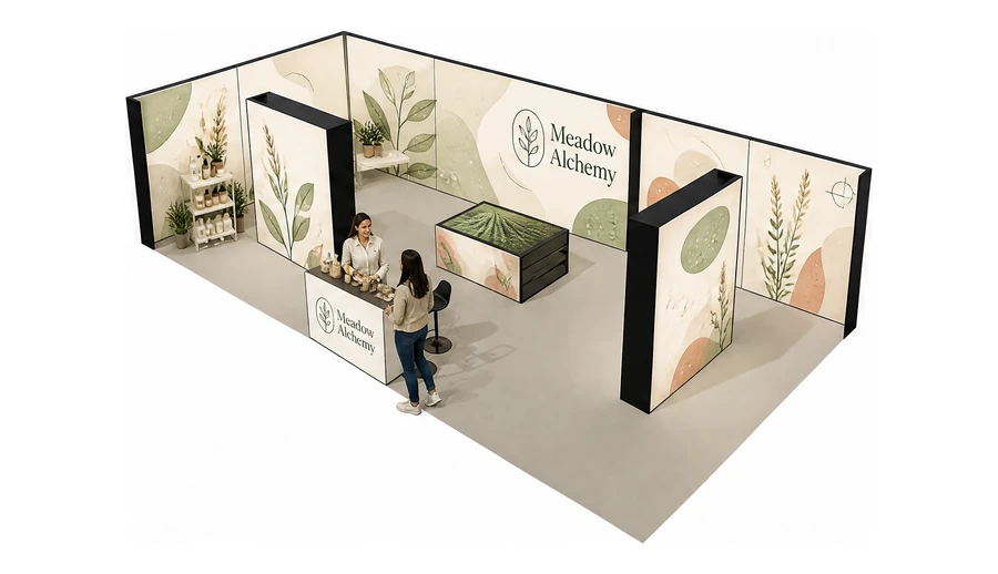 Stoisko 10 × 5 m narożne lewe dla branży kosmetyki naturalne, przykładowa marka Meadow Alchemy