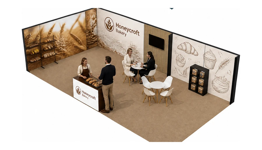 Stoisko 10 × 5 m narożne lewe dla branży piekarnictwo i cukiernictwo, przykładowa marka Honeycroft Bakery